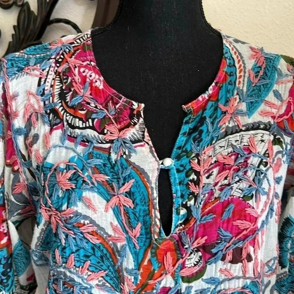 Raj Women's Hand Embroidered Floral Paisley Tunic Dress Beach Cover Up Medium - Picture 12 of 14